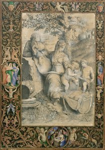 Egy illuminált kézirat szegélye, amely Raffaello A szent család a tölgyfa alatt című (Cloviónak tulajdonított) festménye után készült rajzot övezi,