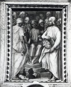 Cosimo de Medici filozófusok és művészek között ül a Sala di Cosimo il Vecchio-ban alkotó: Giorgio Vasari