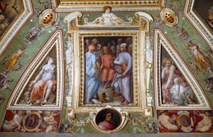Részlet Cosimo de Medicis szobájából, aki művészekkel és értelmiségiekkel ábrázolja magát (freskó alkotó: Giorgio Vasari