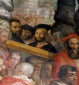 Michelangelo, Lorenzo de "Medici, Urbino hercege, Giuliano dei Medici és Leonardo da Vinci portréi, részlet a "X. Leó pápa számos bíborost választ" című filmből, 1553-85