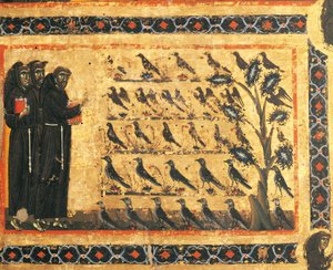 Szent Ferenc történetei: Szent Ferenc madaraknak prédikál, Giotto freskója (1267-1337), kb. 1325. Vernio Bardi-kápolna, Santa Croce-bazilika, Firenze. Olaszország