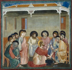 Lábmosás, részlet Krisztus élete és szenvedése című könyvéből, Giotto alkotó: Giotto (c.1266 1337)
