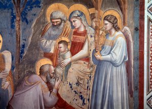 A mágusok imádata. Részlet a Jézus előtt leboruló mágusról Mária karjaiban az angyal és Szent József között (freskó alkotó: Giotto (c.1266 1337)