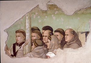 Epizód Assisi Szent Ferenc életéből: „Szent Ferenc megjelenik Fra Agostinónak és egy estének”” Részlet a ferences szerzetesek csoportjáról. Giotto da Bondone freskója alkotó: Giotto di Bondone