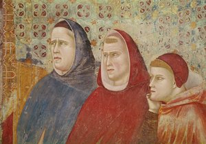 Szent Ferenc prédikációt hirdet III. Honorius pápának, három elöljáró részlete a jobb oldalon, 1297-1299 körül alkotó: Giotto di Bondone