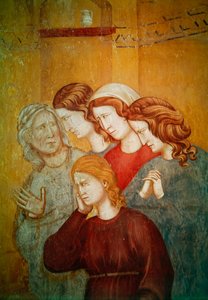 Szent Ferenc újraéleszti a kiengeszteletlen nőt, hogy megkönnyítse gyónását, részlet a jobb oldalon lévő nők csoportjáról, 1297-99 körül alkotó: Giotto di Bondone