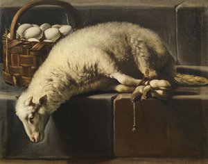 Lekötött bárány tojáskosár mellett Húsvét allegóriája, XVII. század második fele. alkotó: Giovan Battista Recco