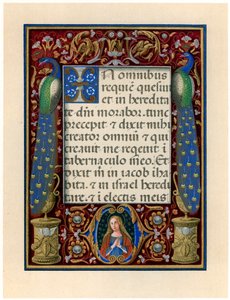 Szöveges oldal a Szűzanyával és két pávával, c1490