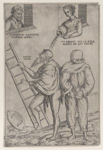 Egy férfi felmászik a létrán, míg egy nő felülről szórja rá a vizet, 1575-99.