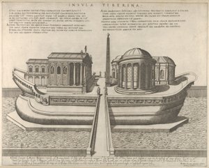 Kilátás a Tiberis-szigetre hajóként ábrázolva, balra Aesculapius temploma, 1582., 1582.