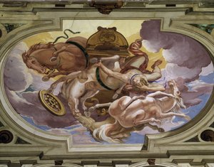 Phaeton (Phaethon) és égi szekerének bukása Zeusz haragja miatt - Carlone le Genois (1639-1697) freskók trompe l