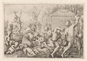 Bacchanal met altar, faun en Silenus