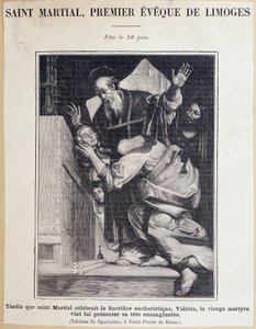 Saint Martial (3. század), Limoges első estéje. Az eucharisztikus áldozat ünneplése alatt Valerie Szűz eljön, hogy átadja véres fejét Szent Mártielnek. Buli június 30-án. Gravírozás Spadarino festménye után.