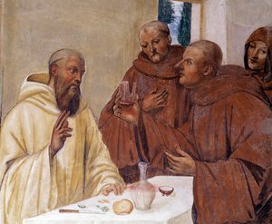 Benedek megtör egy pohár mérgezett bort a kereszt jelét készítve Antonio Bazzi dit il Sodoma (1477 - 1549) kolostorának részletfreskója Nursie-i Szent Benedek (480 - 567), a Bencés Rend 1503-as alapítója életét meséli el. - 1508 alkotó: Giovanni Antonio Bazzi Sodoma