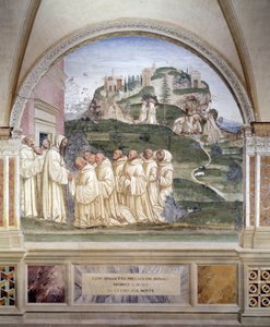 Benedek forrást gyújtott a hegy tetején Antonio Bazzi dit il Sodoma (1477 - 1549) kolostor freskója Nursie-i Szent Benedek (480 - 567), a Bencés Rend alapítója, 1503 - 1508 apátság életét meséli el. Monte Oliveto