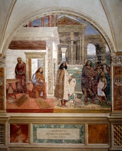 Szent Benedek megjavít egy törött szitát A kép közepén a művész önarcképe - Antonio Bazzi dit il Sodoma (1477 - 1549) kolostor freskója Nursie-i Szent Benedek (480 - 567) alapítójának életét meséli el. rendjének