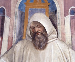 Szent Benedek uralmat ad az olivetáni szerzeteseknek Antonio Bazzi dit il Sodoma (1477 - 1549) kolostorának részletfreskója Nursie-i Szent Benedek (480 - 567), a Bencés Rend alapítója 1503 - 1508 közötti apátság életét meséli el. Monte O