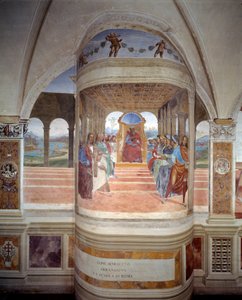 Szent Benedek elhagyja a római iskolai kolostor freskóját, amelyet Antonio Bazzi dit il Sodoma (1477-1549) készített, és Nursie-i Szent Benedek (480-567) életét meséli el, a Bencés Lovagrend alapítója 1503-1508. ,
