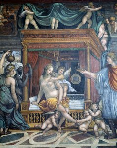 A Sala delle Nozze di Alessandro e Rossana Nagy Sándor házasságának terme (i. e. 356-323) és Roxanne részlete Roxanne hálószobájában, amelyet Sándor koronával ajándékoz meg, 1513 körül fr.