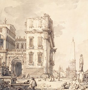 Egy velencei palota capriccioja, kilátással a Piazzára és egy obeliszkre, alkotó: Giovanni Antonio Canal