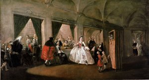 A velencei San Zaccaria templom kolostorából látható szalon, az apácák beszélgetnek a látogatókkal, bábelőadást szerveznek a gyerekeknek. Gianantonio Guardi vagy Giovanni Antonio Guardi (1699-1760) festménye 18. század V. 108x208 cm Velence, M
