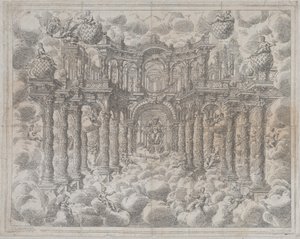 2. tábla [ellenálló]: Színpadi díszlet allegorikus alakokkal a felhők között, egy..., 1690. alkotó: Giovanni Antonio Lorenzini