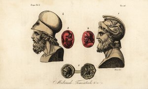 Az athéni politikusok mellszobrai és drágakövei Miltiades ifjabb 1,2, Themisztoklész 3,4 és I. Pyrrhus király 5