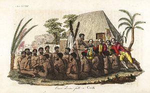 A hawaii bennszülöttek áldozati malacot ajánlanak fel James Cook kapitánynak 12 pap előtt és egy fából készült bálványt a szent Orono házban. Kézi színű rézkarc, amelyet Sasso metszett John Webber nyomán Giulio Ferrario Az összes nép ősi és modern viselete