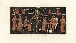 Héraklész a 11. vajúdásán, aranyalmát szed a Heszperidok kertjéből, amelyet Ladon kígyó őrzött