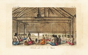 Polaho király kavát iszik egy longhouse-ban, Tongában (Barátságos szigetek). Kézi színű rézkarc, amelyet Sasso metszett John Webber nyomán Giulio Ferrario A világ összes népének ősi és modern viseletei című művéből, Firenze, Olaszország