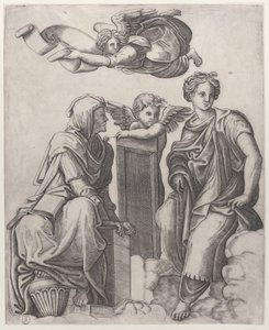 Két női alak ül a felhőkben, egy angyal mellett, egy másik pedig repül ..., kb. 1510-25. alkotó: Giovanni Antonio da Brescia