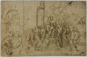 Akrobaták előadása egy vonalzó előtt (recto); szabadtéri jelenet alakok csoportjával (verso) alkotó: Giovanni Antonio da Pordenone