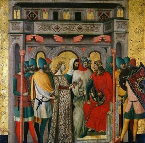 Szent Columba Aurelianus császár előtt Jelenetek Szent Kolumba életéből, 1345-1350.