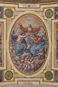 Genova, Dóm (Szent Lőrinc-székesegyház), belső tér, A Lercari-kápolna vagy az Oltáriszentség-kápolna (északi apszis), boltozat: "Szűz koronázása", Giovanni Battista Castello freskója, Bergamasco néven ismert