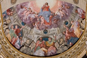 Genova, Dóm (Szent Lőrinc-székesegyház), belül, A Lercari-kápolna vagy az Oltáriszentség-kápolna (északi apszis), apszis: "Szűz mennybemenetele", Giovanni Battista Castello freskója, Bergamasco néven ismert
