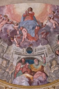 Genova, Dóm (Szent Lőrinc-székesegyház), belül, A Lercari-kápolna vagy az Oltáriszentség-kápolna (északi apszis), apszis: "Szűz mennybemenetele", Giovanni Battista Castello freskója, Bergamasco néven ismert