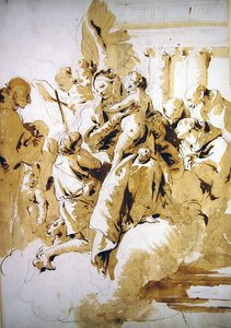 Madonna és gyermeke angyalokkal, szentekkel és Keresztelő János csecsemővel (toll és barna tinta, mosás, papír) alkotó: Giovanni Battista Tiepolo