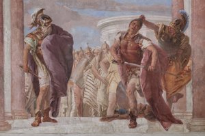Palazzina (Kis épület): az első szoba képe és az Iliász epizódját ábrázoló freskói: "Athéné megakadályozza, hogy Akhilleusz kirántsa kardját Agamemnon ellen", részlet alkotó: Giovanni Battista Tiepolo