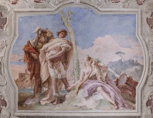 Palazzina (Kleines Gebäude): Ansicht des vierten Raums oder von Torquato Tasso, mit Fresken, die Episoden aus "Das befreite Jerusalem" darstellen: "Rinaldo, begleitet von Ubaldo und Carlo, verlässt Armida"