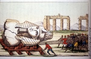 Memnon mellszobrának elszállítása a Nílus partján Belzoni által. Giovanni Battista (Gianbattista) Belzoni (1778-1823), olasz felfedező és régész fontos régészeti felfedezéseket tett Egyiptomban. Gravírozás - „” Viaggio in Egitto e alkotó: Giovanni Battista (after) Belzoni