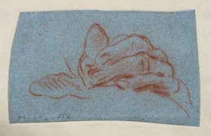 Bal kéz tanulmánya, 1750-1754 körül (vörös kréta csonkolással, kék rakott papírra) alkotó: Giovanni Battista (attr. to) Tiepolo