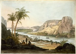 Az Abu Simbel két templomának külső képe, az egyiptomi és núbiai kutatókat bemutató lemezekről, 1822-ben