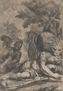 Egy oroszlán egy elesett lovas tetején jobbra, két másik katonával a bal oldalon, 1640-70.