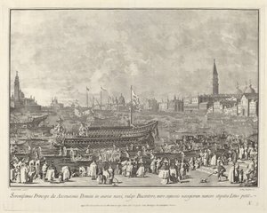 A dózse a Bucintoróban Mennybemenetel napján Porto di Lidoba indul, 17631766. alkotó: Giovanni Battista Brostoloni