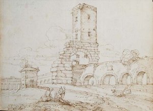 Figurák egy vízvezeték előtt (barna tinta fekete krétával papíron) alkotó: Giovanni Battista Busiri