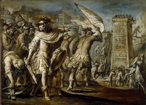 Első keresztes hadjárat: "" A genovai condottiero Guglielmo Embriaco Jeruzsálem elfoglalása közben"" Innen származik a genovai hajók erdeiből készült rohamtorony. Giovanni Battista Carlone monokróm festménye