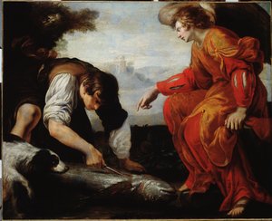 Tobie találkozik Rafael arkangyallal (Tóbiás találkozik Rafael arkangyallal) Giovanni Battista Carlone (1592-1677) festménye, 17. századi gének, Musei di Strada Nuova (ex Palazzo Bianco)
