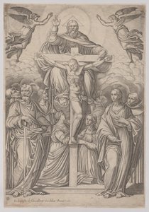 A Szentháromság, középen a keresztre feszítéssel és mindkét oldalán szentekkel, 1586. alkotó: Giovanni Battista Cavalieri
