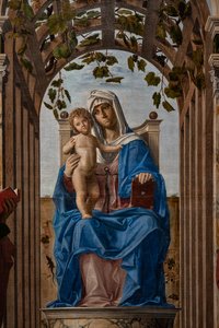 Jakab és Jeromos szentek között trónoló Madonna a kisded Jézussal, részlet alkotó: Giovanni Battista Cima da Conegliano