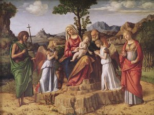 Szent beszélgetés (A Szent Család angyalokkal körülvéve, Szent Lúcia és Keresztelő Szent János), megállás az egyiptomi repülés előtt, 1490 körül